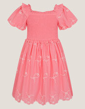 Embroidered Puff Sleeve Smocked Dress, Pink (PINK), large