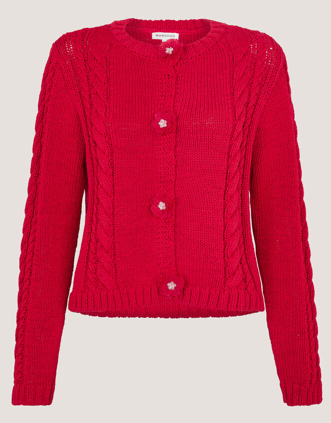 Kelly Flower Button Cable Knit Cardigan Red