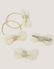 4-Pack Pearl Bow Hair Bands & Clips, Ivory (IVORY), large