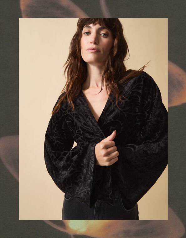 Clemence Gigi Velvet Burnout Kimono Jacket, Black (BLACK), large