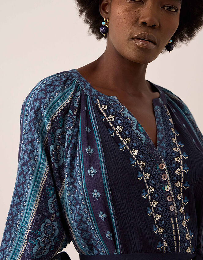 East Gabriette Geometric Print Embroidered Dress, Blue (BLUE), large