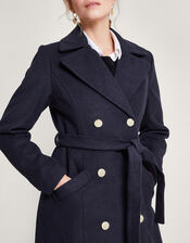 Lola Belted Wool Trench Coat, Blue (NAVY), large