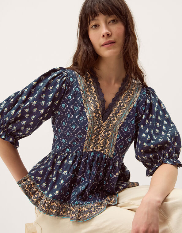 Stacee Puff Sleeve Print Jersey Top, Blue (NAVY), large