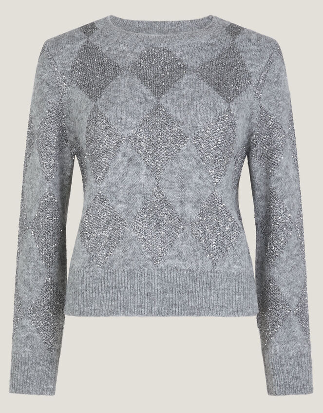 Alba Sequin Argyle Jumper, Grey (GREY), large