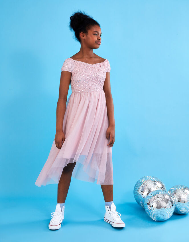 Abigail Sequin Bardot Prom Dress, Pink (PINK), large
