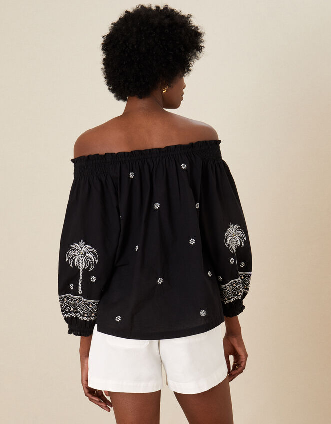 Palm Embroidered Off-Shoulder Top, Black (BLACK), large