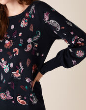 Paisley Embroidered Jumper with Sustainable Viscose, Blue (NAVY), large