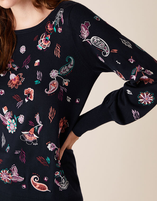 Paisley Embroidered Jumper with Sustainable Viscose, Blue (NAVY), large