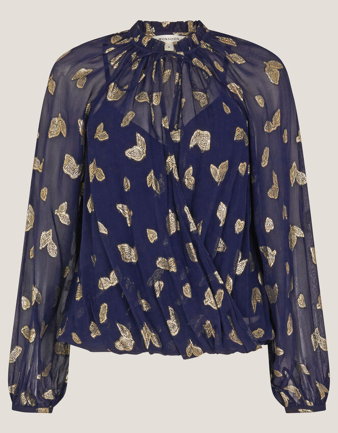 Angela Leaf Print Wrap Blouse, Blue (NAVY), large
