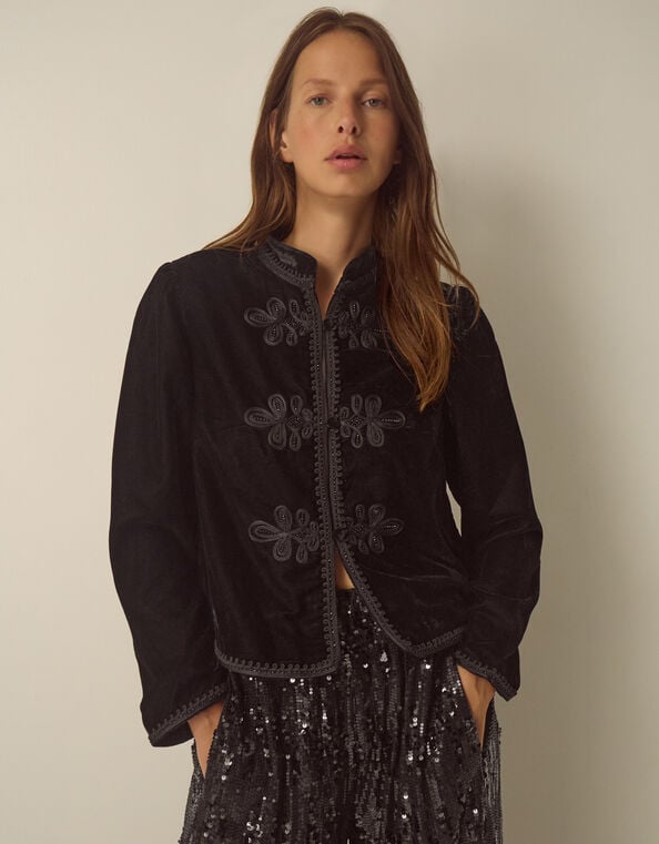 Viola Beaded Frogging Velvet Jacket, Black (BLACK), large