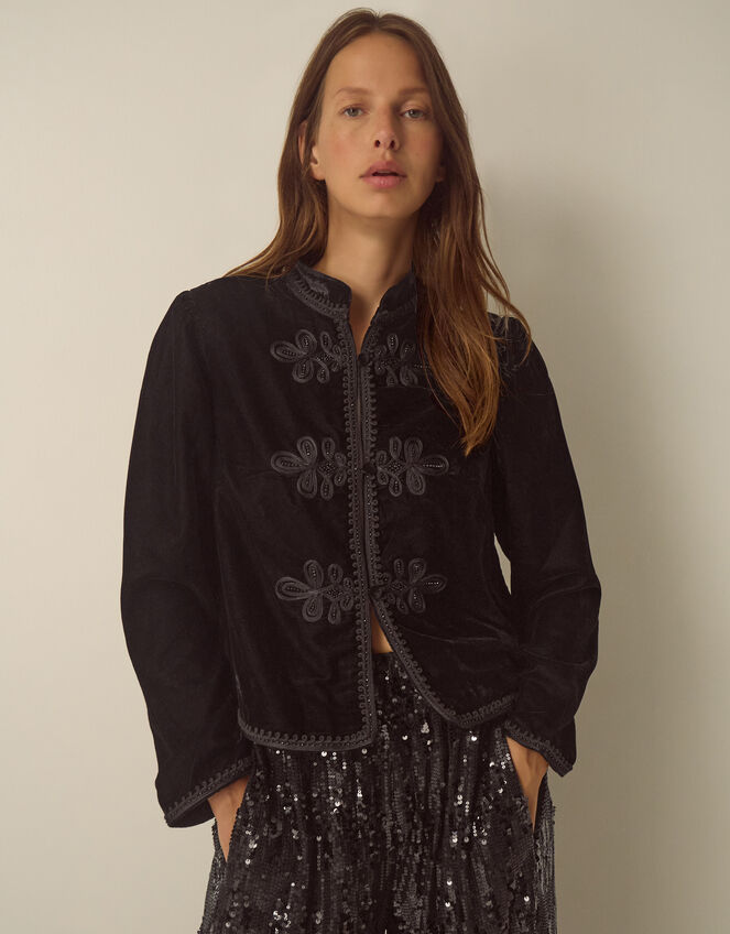Viola Beaded Frogging Velvet Jacket, Black (BLACK), large