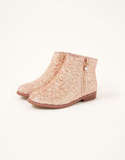 Side Zip Glitter Boots, Gold (ROSE GOLD), large