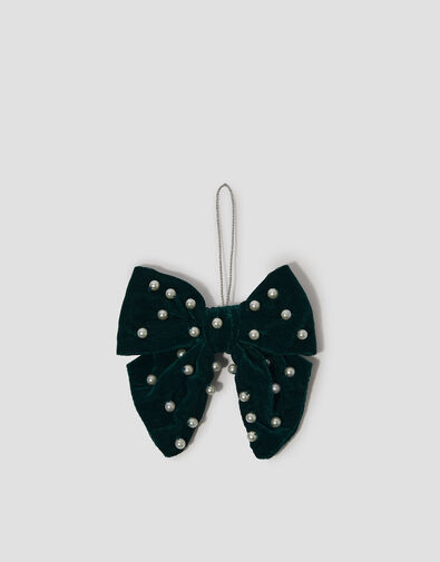 Embellished Pearl Bow Christmas Tree Decoration, Teal (TEAL), large