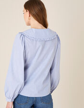 Frill Collar Stripe Poplin Shirt, Blue (BLUE), large