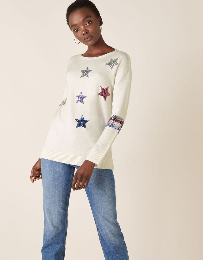 Sequin Star Knit Jumper, Ivory (IVORY), large