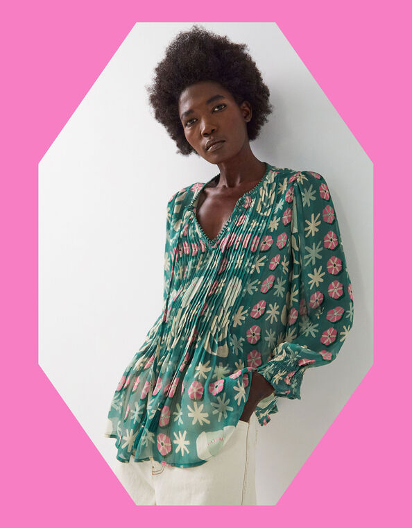 East Charlize Printed Pintuck Blouse, Green (GREEN), large