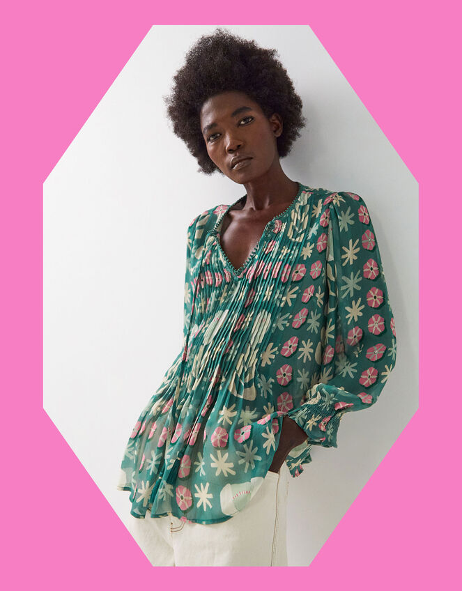 East Charlize Printed Pintuck Blouse, Green (GREEN), large