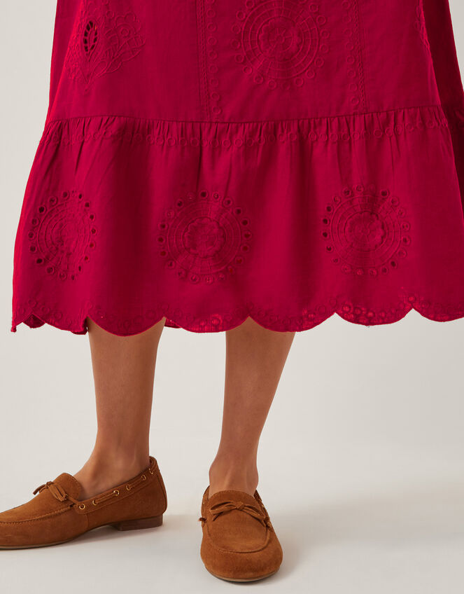 Orla Short Sleeve Broderie Midi Dress, Red (RED), large