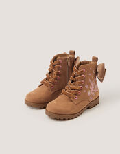Bow Embroidered Lace-Up Boots, Tan (TAN), large