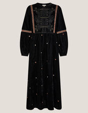Noni Embroidered Velvet Long Sleeve Midi Dress, Black (BLACK), large