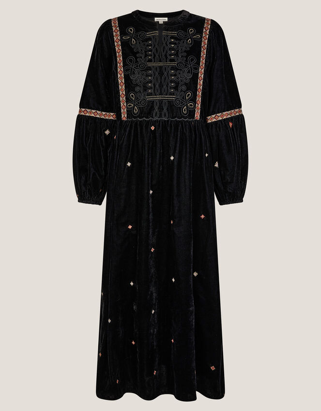 Noni Embroidered Velvet Long Sleeve Midi Dress, Black (BLACK), large