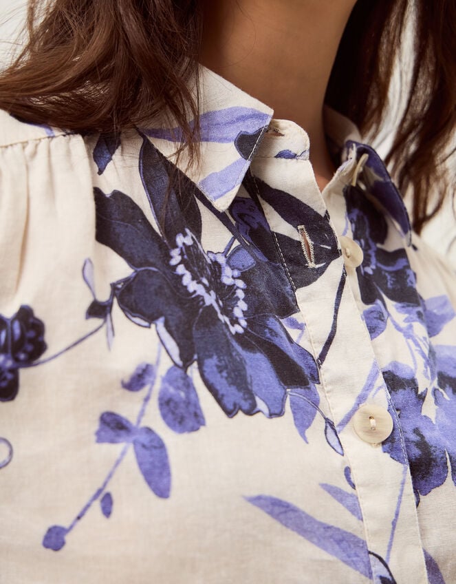 Nicolette Floral Linen Blend Shirt, Blue (BLUE), large