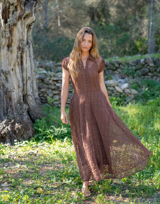 Lyrical Sisters Lace Maxi Shirt Dress, Brown (BROWN), large