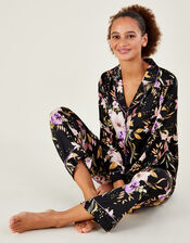 Foil Floral Print Satin Pyjama Set, Black (BLACK), large