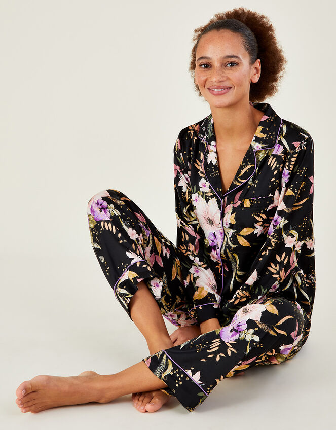 Foil Floral Print Satin Pyjama Set, Black (BLACK), large