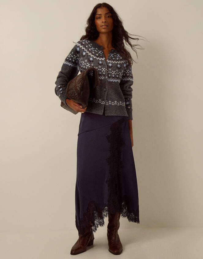 Fleur Floral Fair Isle Crew Neck Cardigan, Grey (GREY), large