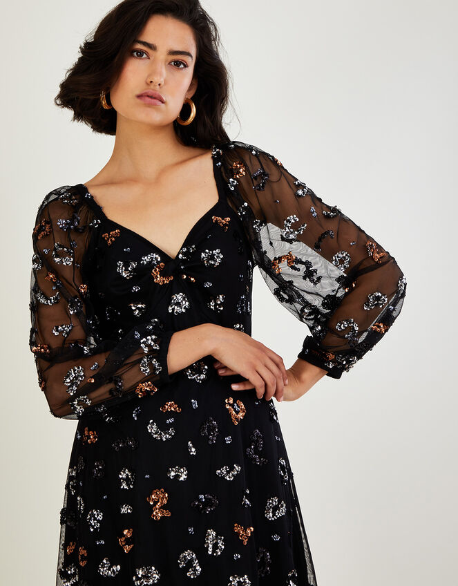 Marianly Sequin Animal Print Dress Black | Evening Dresses | Monsoon UK.