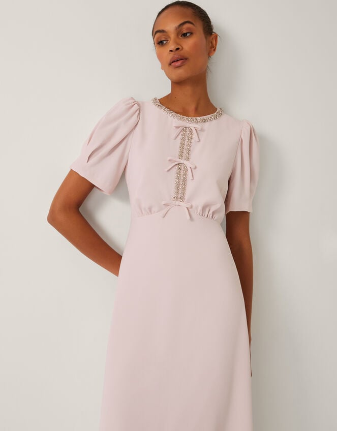 Bonnie Bow Puff Sleeve Midi Dress, Pink (BLUSH), large