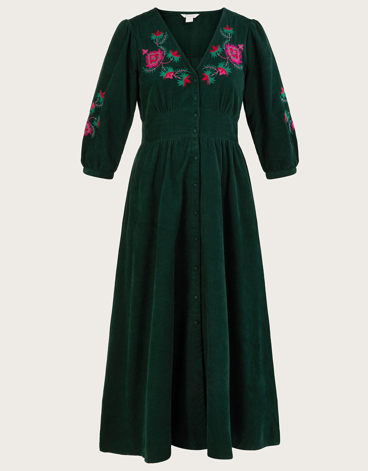 Embroidered Corduroy Tiered Midi Dress Green