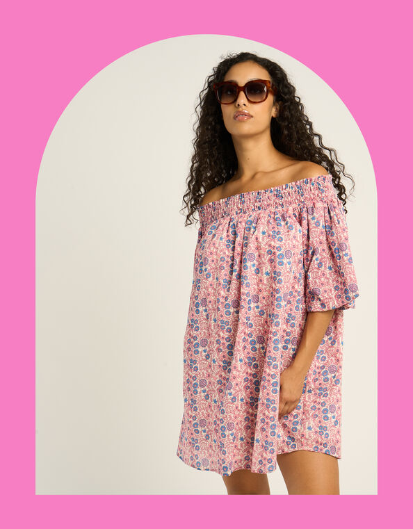 Petite Mendigote Fannie Off-The-Shoulder Floral Mini Dress, Pink (PINK), large