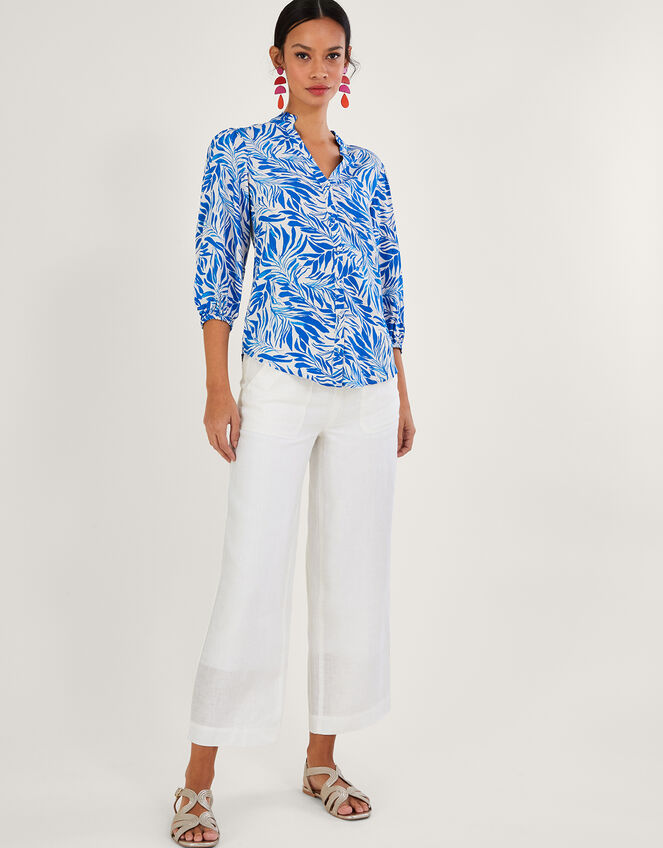 Florence Leaf Print Blouse in Sustainable Viscose, Blue (BLUE), large