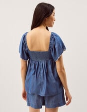 Isla Short Sleeve Embroidered Denim Top, Blue (DENIM BLUE), large