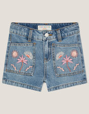 Embroidered Denim Shorts, Blue (BLUE), large