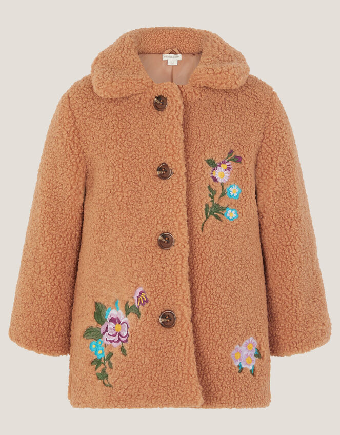 Baby Floral Embroidered Faux Shearling Coat, Camel (CAMEL), large