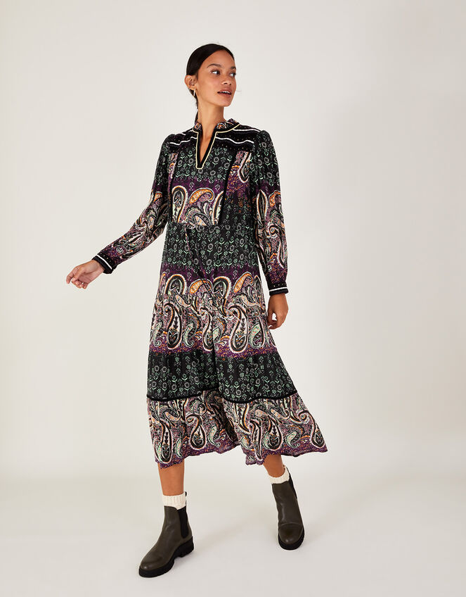 Paisley Print Embroidered Dress in LENZING™ ECOVERO™ , Black (BLACK), large