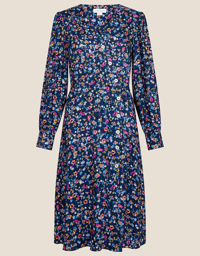 Heather Ditsy Print Wrap Dress, Blue (BLUE), large