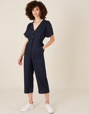 Poppy Cropped Jumpsuit in Pure Linen, Blue (NAVY), large