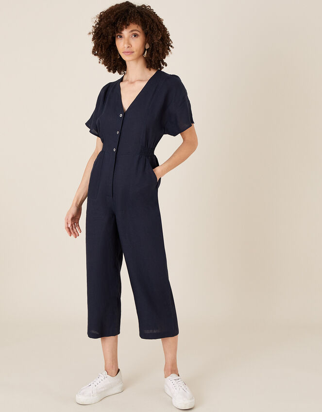 Poppy Cropped Jumpsuit in Pure Linen, Blue (NAVY), large