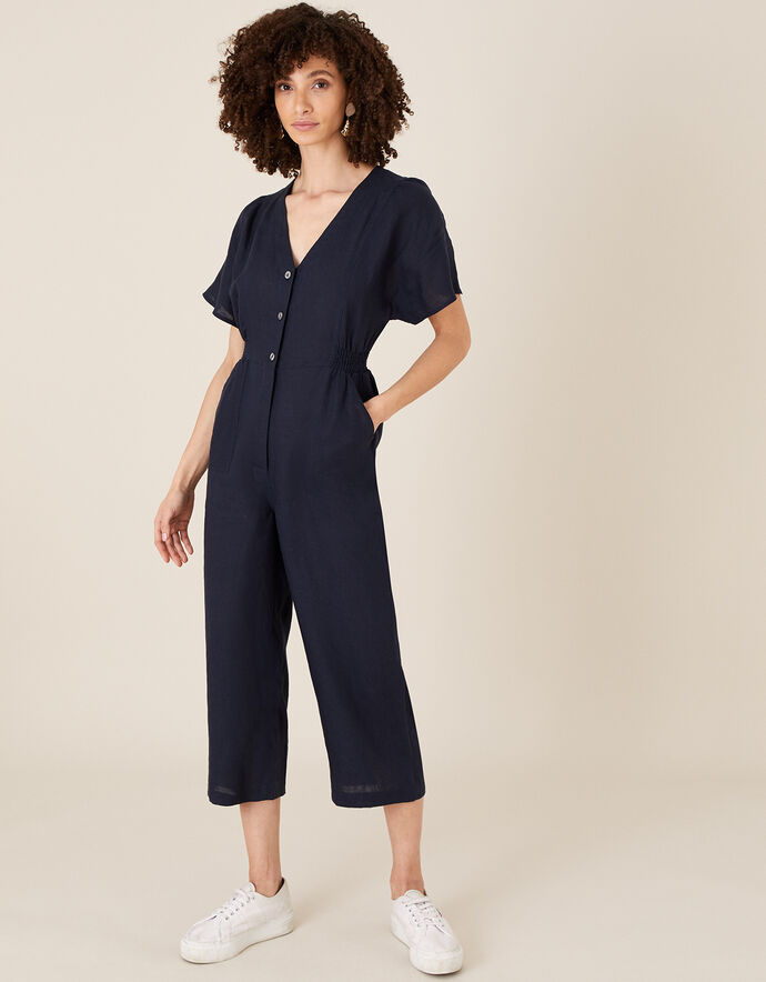 Poppy Cropped Jumpsuit in Pure Linen Blue
