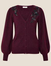 Embellished Cardigan with Recycled Polyester, Red (BERRY), large