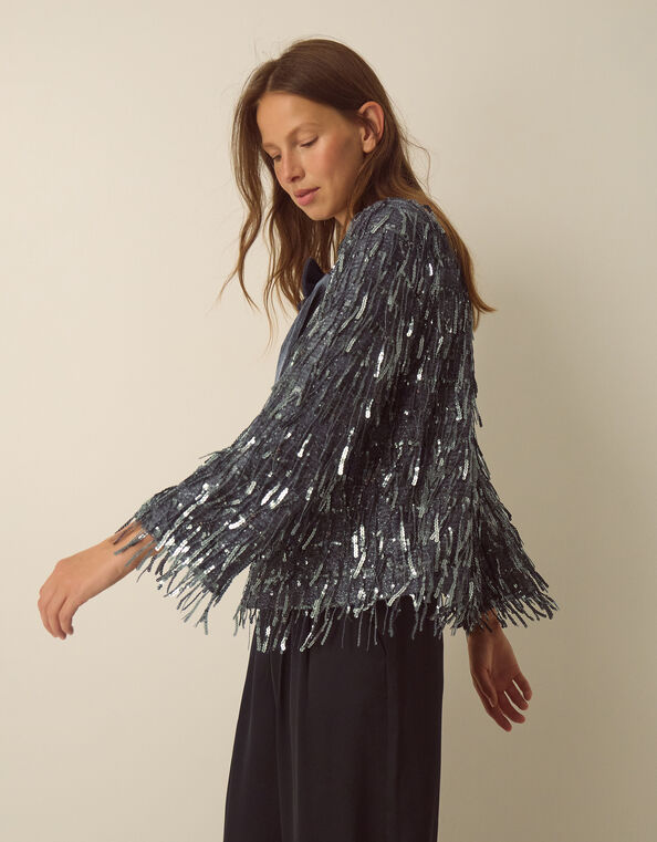 Sabia Velvet Bow Sequin Jacket, Dark Silver (GUNMETAL), large