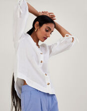 Tie Cuff Button Through Linen Blouse, White (WHITE), large