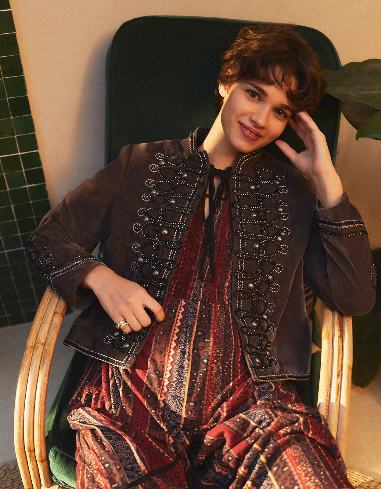 Vicki Embroidered Velvet Military Jacket Grey