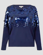 Sabine Boat Neck Sequin Jumper, Blue (NAVY), large