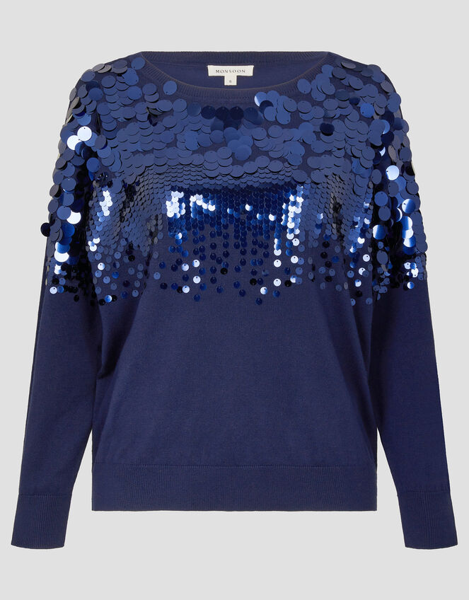 Sabine Boat Neck Sequin Jumper, Blue (NAVY), large
