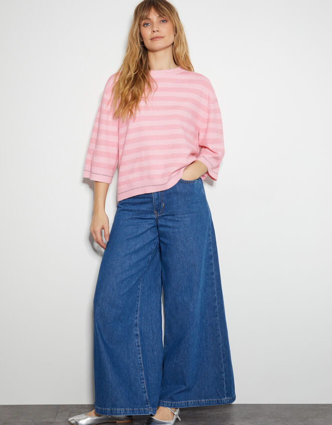 Sammi Stripe Crop Sleeve Jumper, Pink (PINK), large